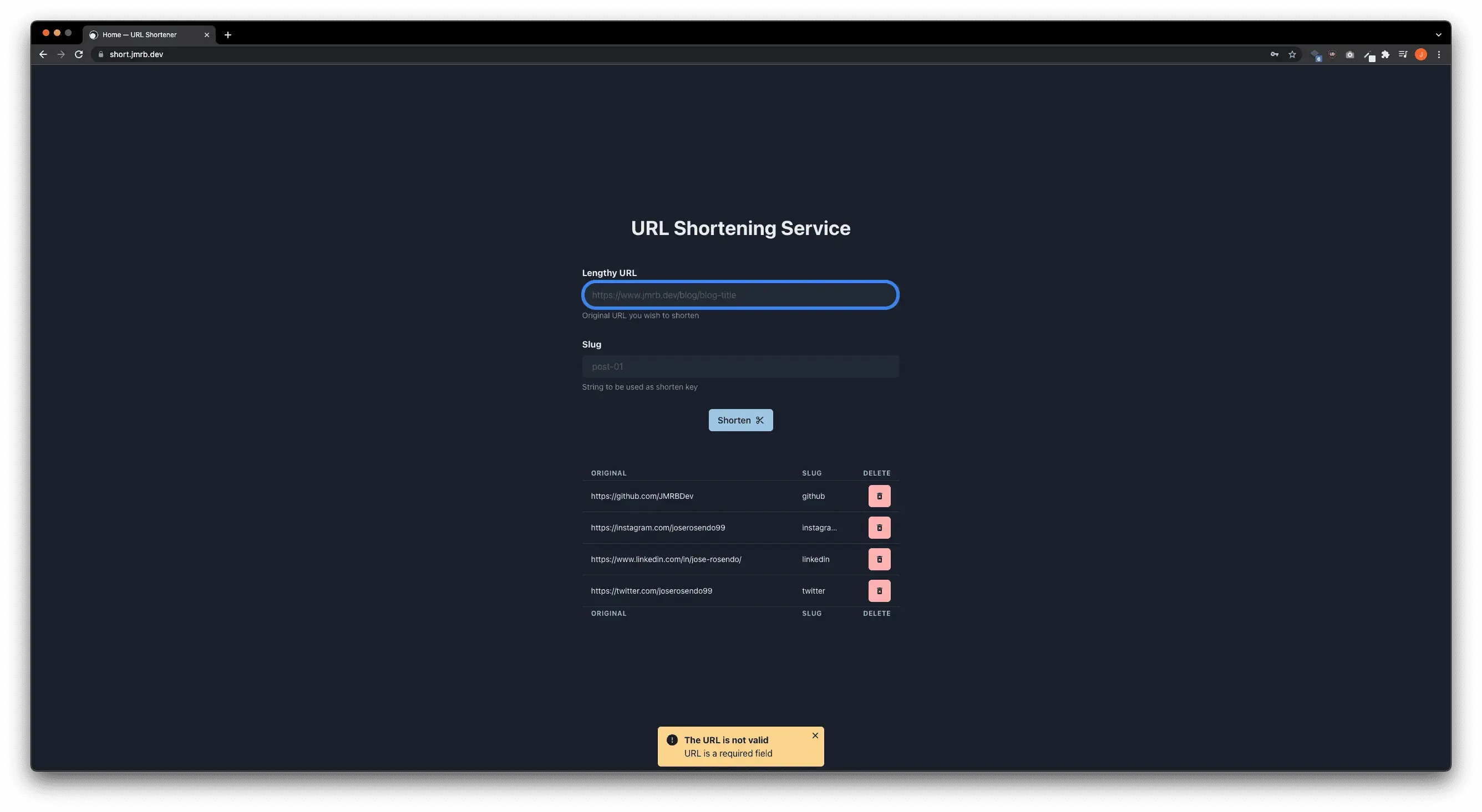 Validación del formulario de creación de URLs cortas