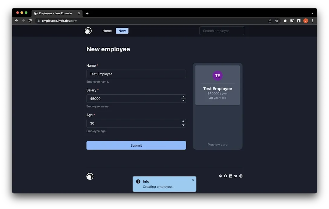 Creación de nuevo empleado con previsualización en tiempo real