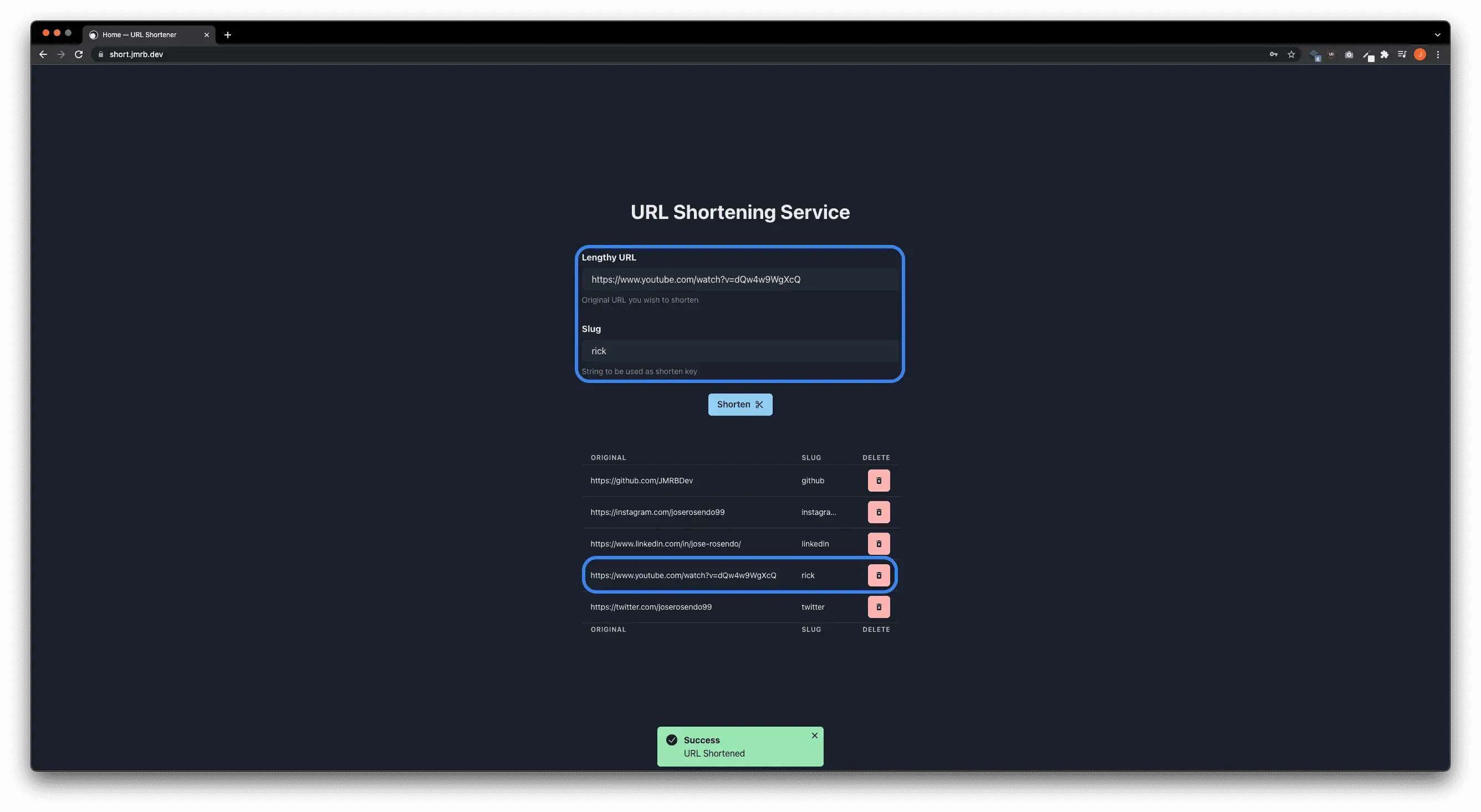 URL acortada con éxito